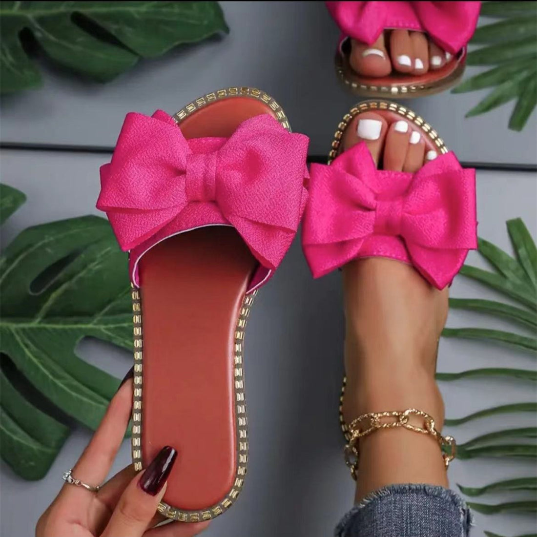 Flat Bottom Rhinestone Bowknot Slippers Women&