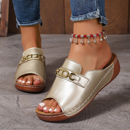 Plus Size Peep Toe Slippers With Metal Accessories Limorista