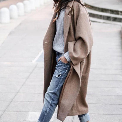 Casual Long Jacket With Pockets Solid Color Single Breasted Lapel Woolen Coat For Women Warm Winter Clothing Limorista