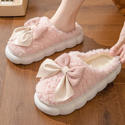 Winter Warm Fur Slippers For Women Cute Bow House Non Slip Soft Shoes Comfort Flat Heel Home Indoor Bedroom Plush Slippers Limorista