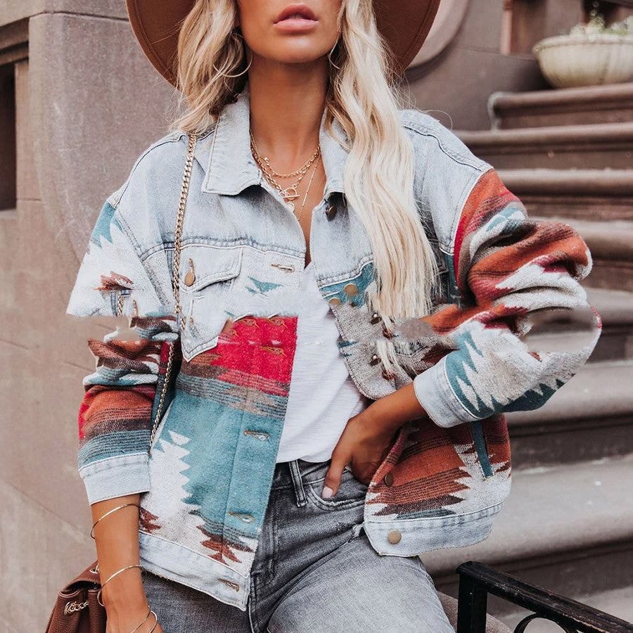 Long-sleeved Lapel Loose Denim Stitching Woolen Coat Limorista