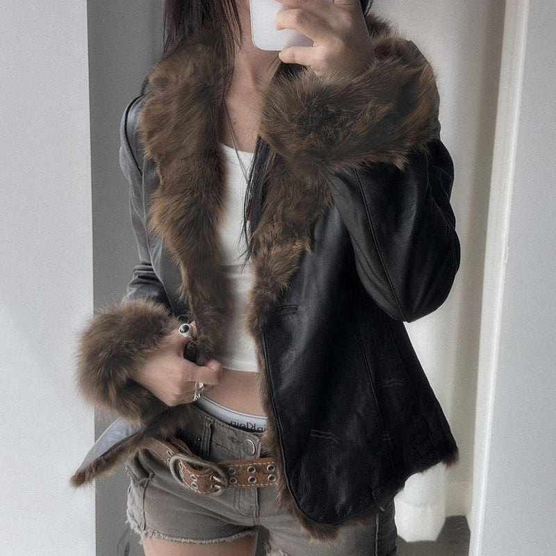 American Street Loose Fur Collar Leather Coat Limorista