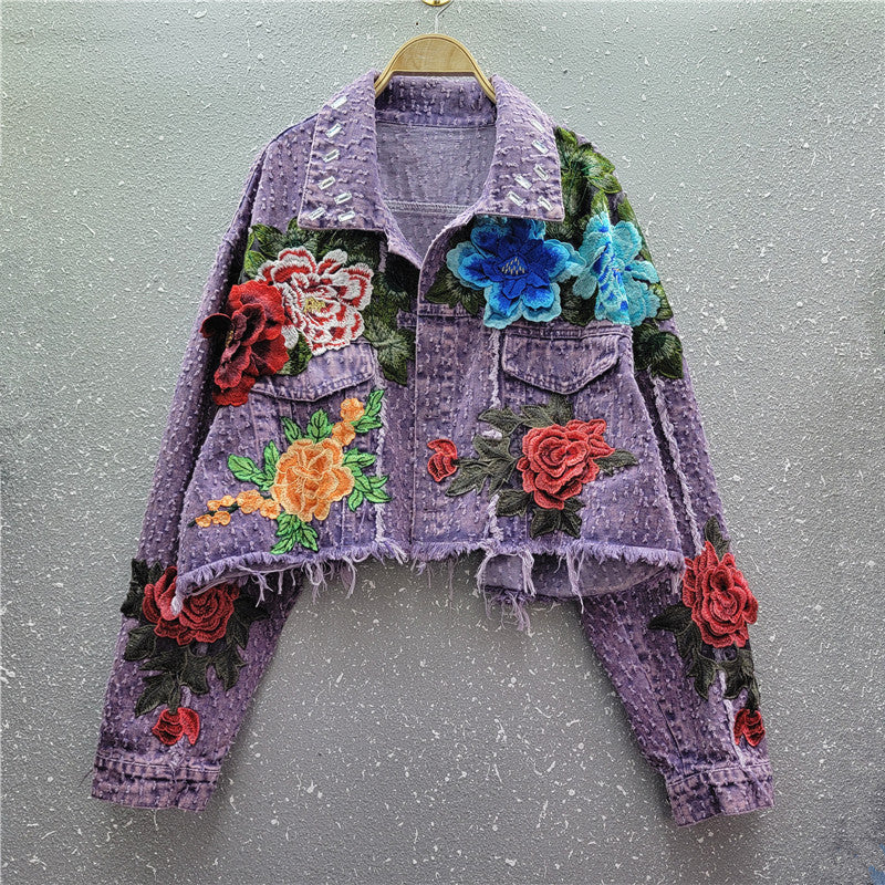 Design Sense Heavy Industry Three-dimensional Flower Short Frayed Hem Casual Denim Coat Limorista