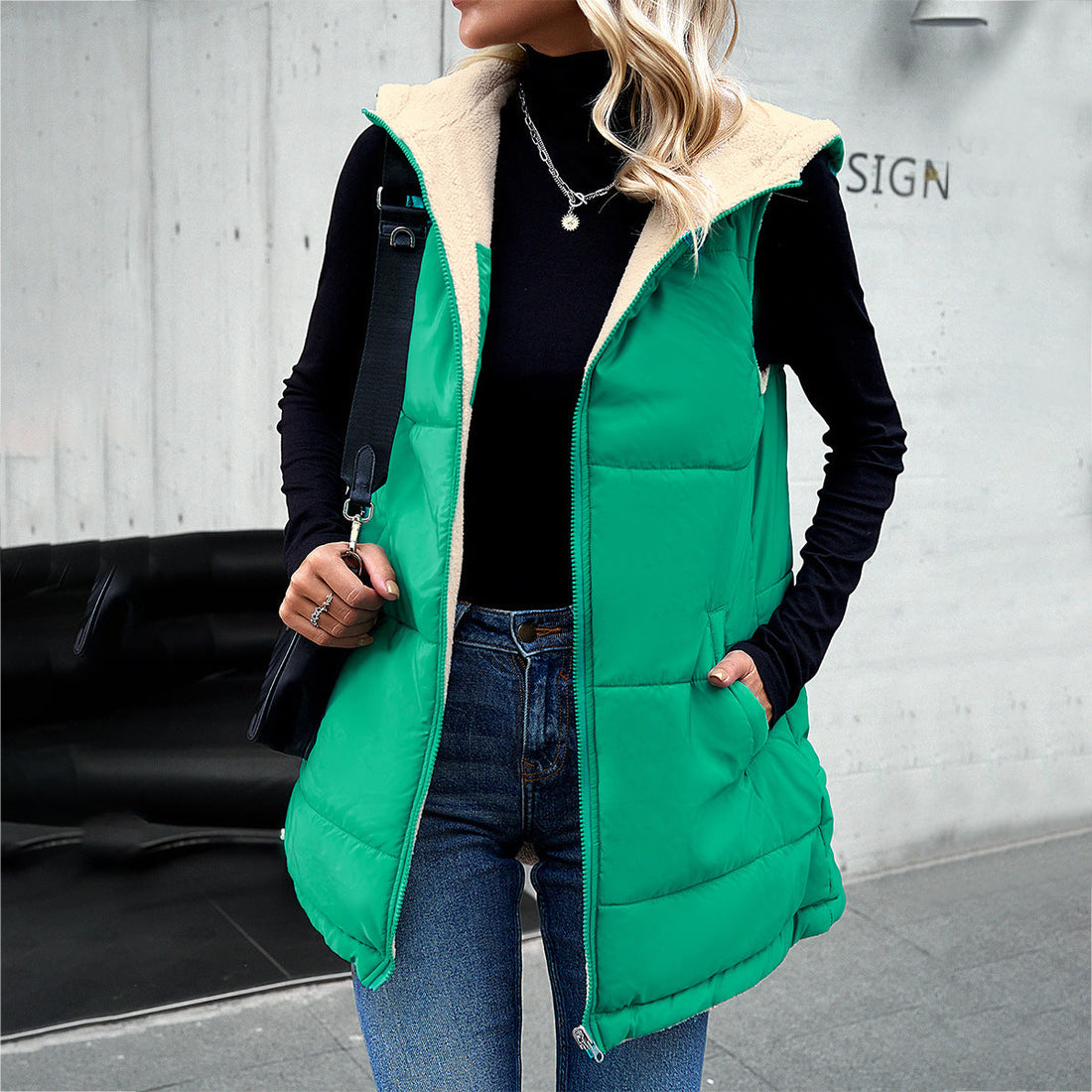 Winter Vest Women Loose Commuting Mid-length Hooded Cotton Jacket With Pockets Fashion Warm Zipper Fluffy Coat Outdoor Clothing Limorista