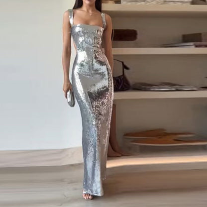 Sequin Sling Square Collar Backless Dress Dress Skirt Limorista