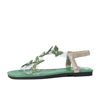 New Butterfly Rhinestone Sandals Summer Square Toe Flat Shoes For Women Limorista