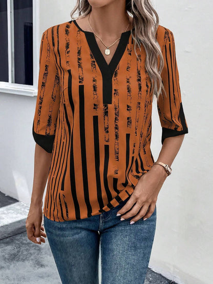 Double Matching Contrast Color Positioning Flower Half-sleeve Shirt Women&