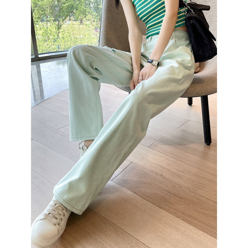 Summer Thin Mint Green Ripped Wide-leg Jeans For Women High Waist Loose Slim Straight Pants Limorista