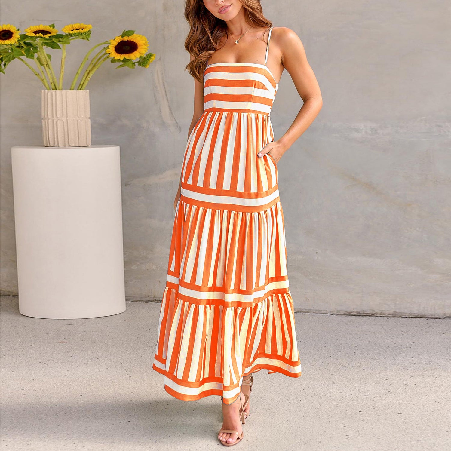 Summer Striped Printed Suspender Long Dress With Pockets Fashion Square Neck Backless Dresses For Beach Vacation Women Clothing Limorista