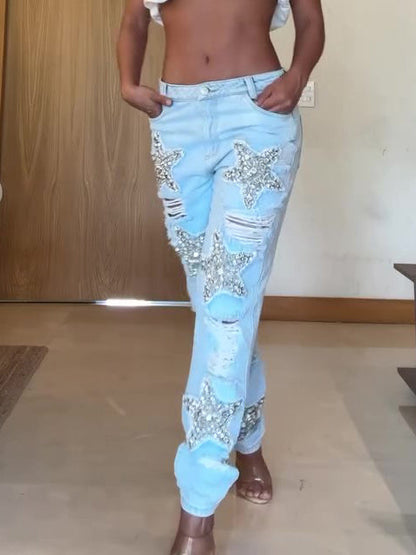 Five-pointed Star Hot Diamond Ripped Jeans Limorista