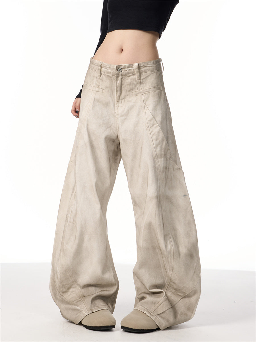 Retro Distressed Dirty White Wide Leg Pants Casual Trousers Limorista