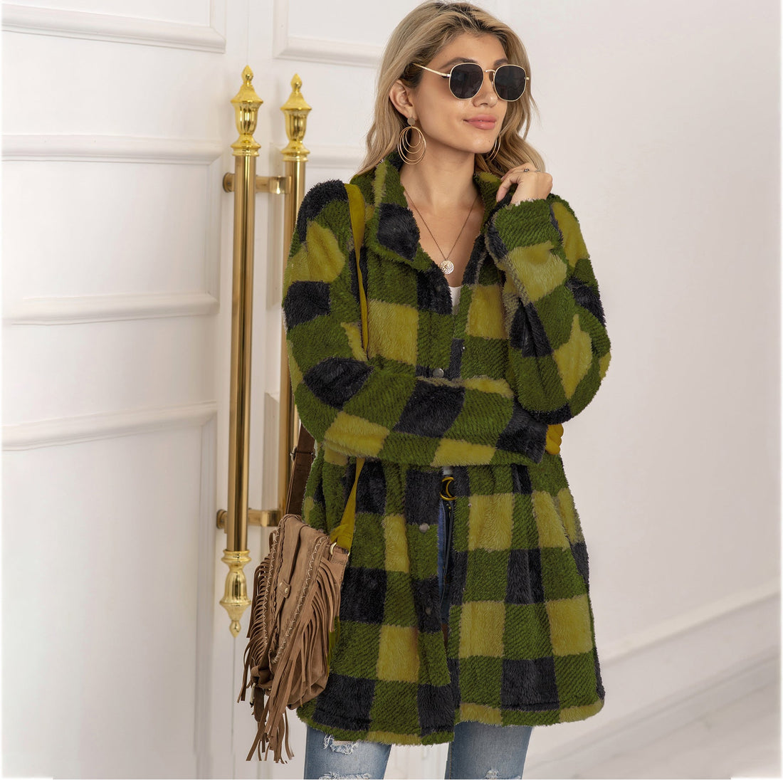 Colorblock Plaid Fleece Jacket Fashion Single Breasted Long Jacket Women&