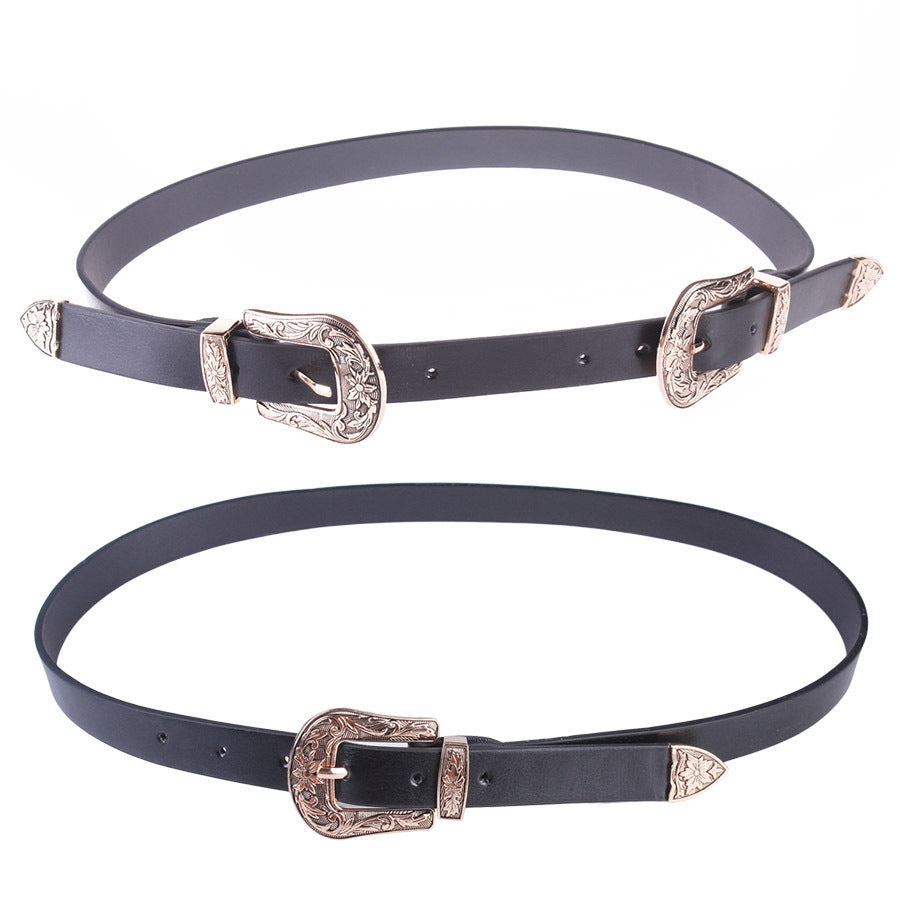 Double-headed vintage carved fashion silver buckle ladies pin buckle belt Limorista