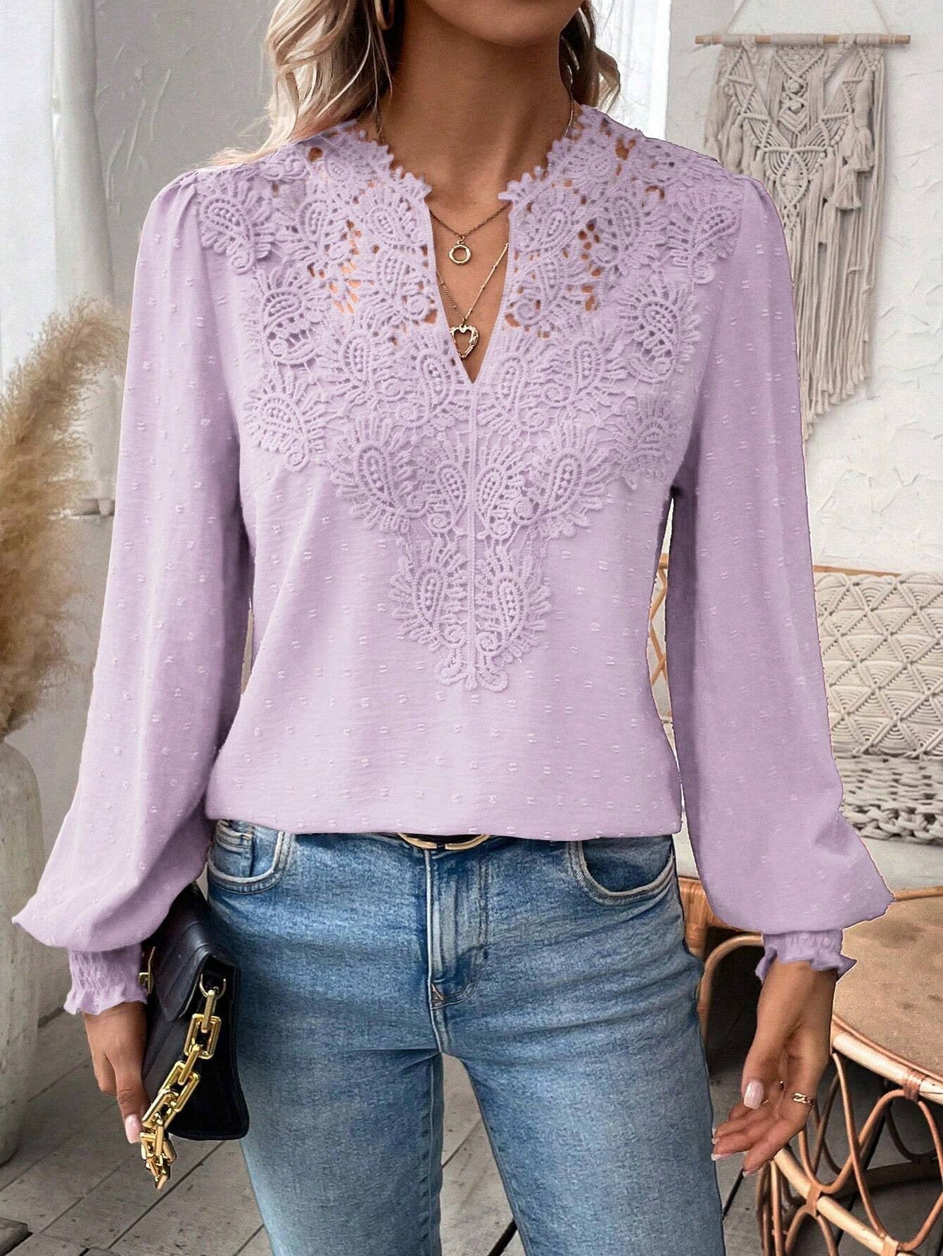Lace Solid Color Long Sleeve Casual Women&