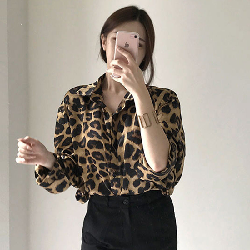 Limorista - Vintage Leopard Print Loose Long Sleeve Shirt