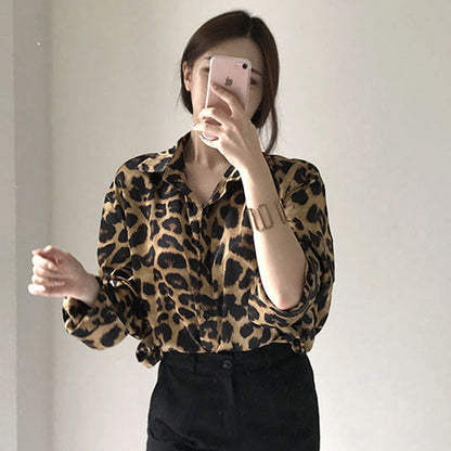 Vintage Leopard Print Loose Long Sleeve Shirt Limorista