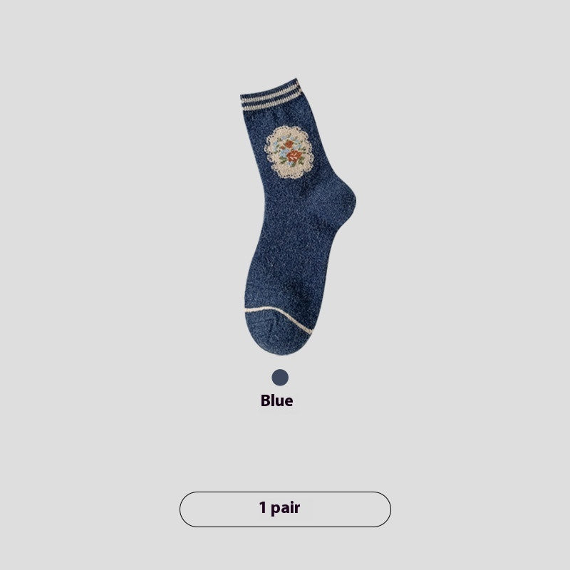 Vintage Small Flower Wool Socks Fleece Lined Padded Warm Keeping Tube Socks Limorista