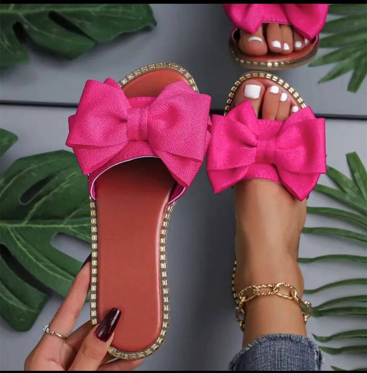 Flat Bottom Rhinestone Bowknot Slippers Women&