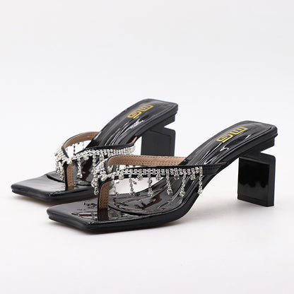 Square Toe Rhinestone High-heeled Outdoor Women&