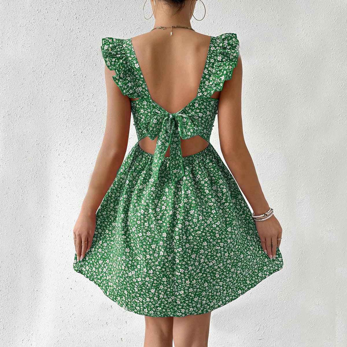 Summer Square-neck Ruffled Sleeveless Dress With Bow-tie Backless Design Fashion Casual Holiday Beach Dresses For Womens Clothing Limorista
