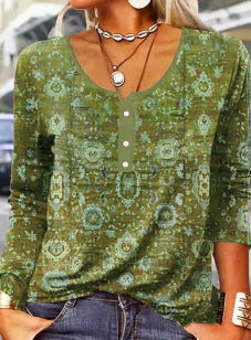 Long Sleeved Geometric Flower Mang U-neck Button Up T-shirt For Women Limorista