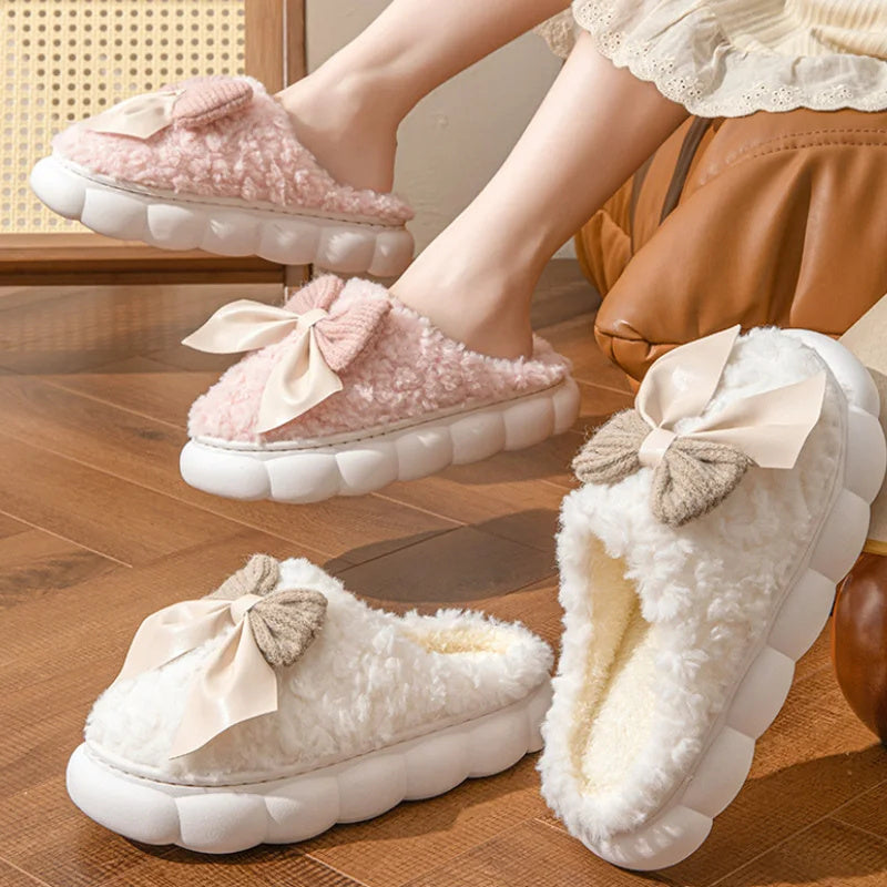 Winter Warm Fur Slippers For Women Cute Bow House Non Slip Soft Shoes Comfort Flat Heel Home Indoor Bedroom Plush Slippers Limorista
