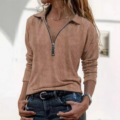 Lapel Solid Color Texture Series Zipper Women&