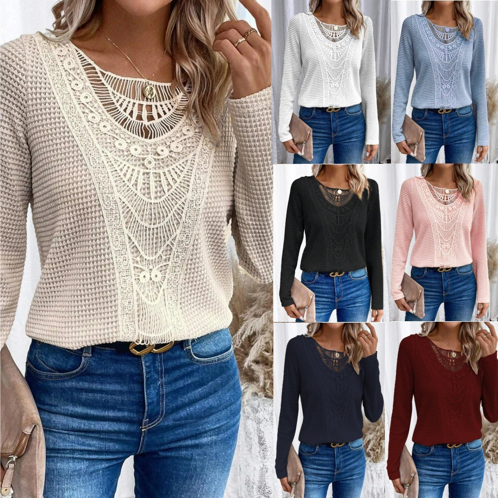 Limorista - Lace Patchwork Round Neck Women&