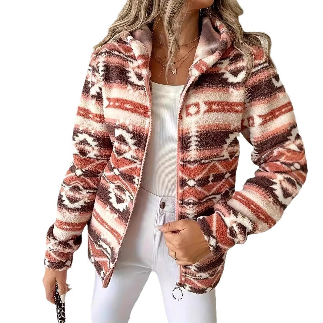 Fashion Casual Geometric Pattern Printed Hooded Zipper Jacket Limorista