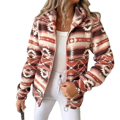 Fashion Casual Geometric Pattern Printed Hooded Zipper Jacket Limorista