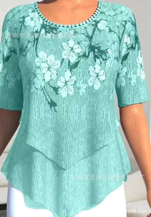 Positioning Printed Round Neck Irregular Short Sleeve Limorista