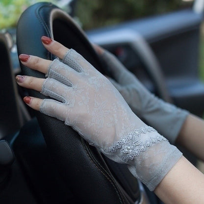 Semi-Finger Lace Sunscreen Gloves Female Summer Ice Silk Half Fingers Anti-Slip Driving Thin Anti-UV Fashion Women Mittens TB54 Limorista