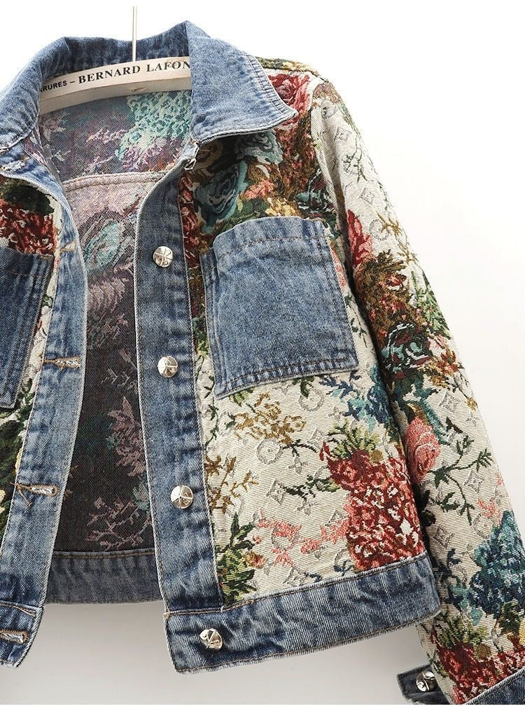 All-match Printed Patchwork Long Sleeves Lapel Denim Coat Limorista