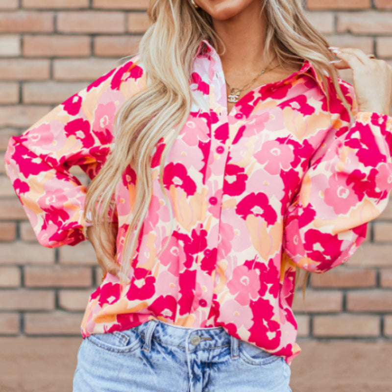 Blooming Floral Print Puff Sleeve Buttoned Shirt Limorista