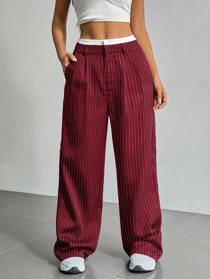 Stripe Printed Trousers Fashion High Waist Straight Leg Pants With Pocket Zipper Casual Suit Pants For Women Limorista