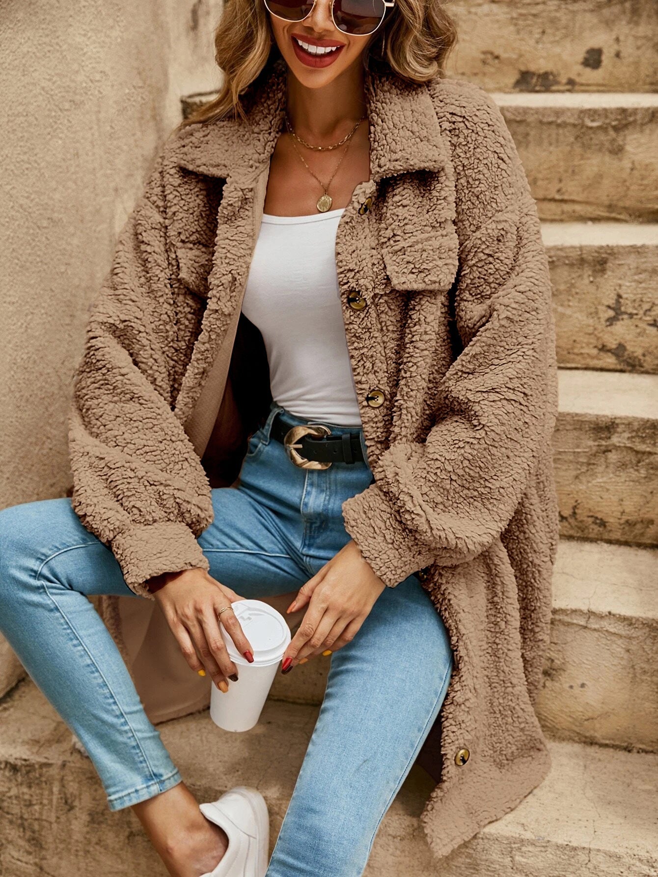 New European And American Winter Open Button Lapel Plush Coat Loose Long-cut Coat Women Limorista