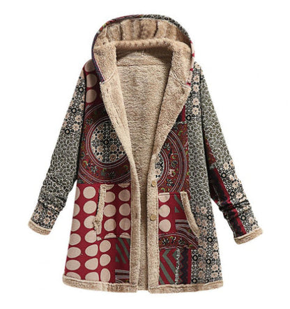 Cotton and linen printed hooded sweater warm plush jacket Limorista