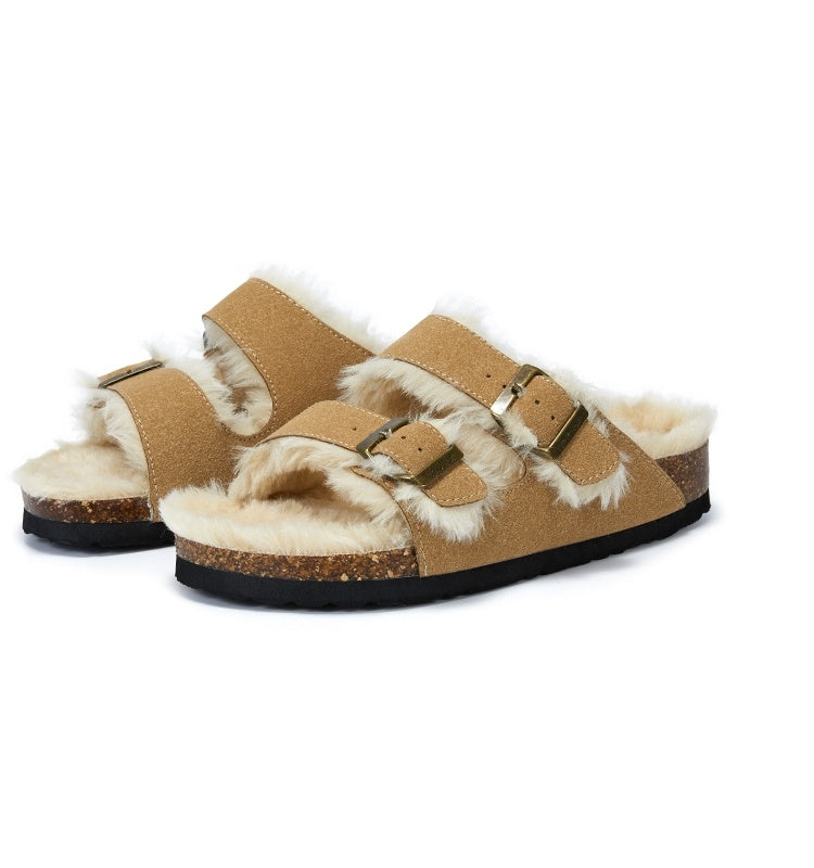 Autumn And Winter Plush Flat Bottomed Frosted Leather Boken Cork Slippers Limorista