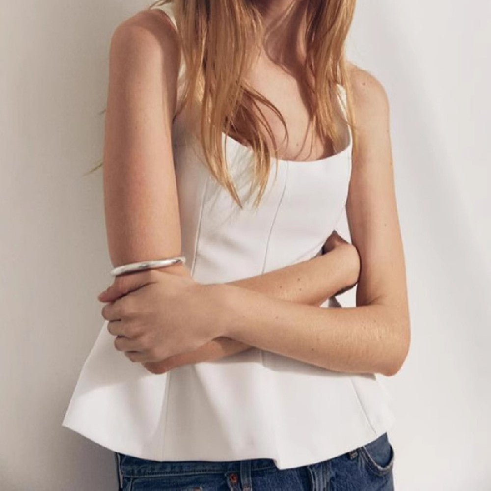 Limorista - Pleated Slim-fit Square Collar Sleeveless Small Top