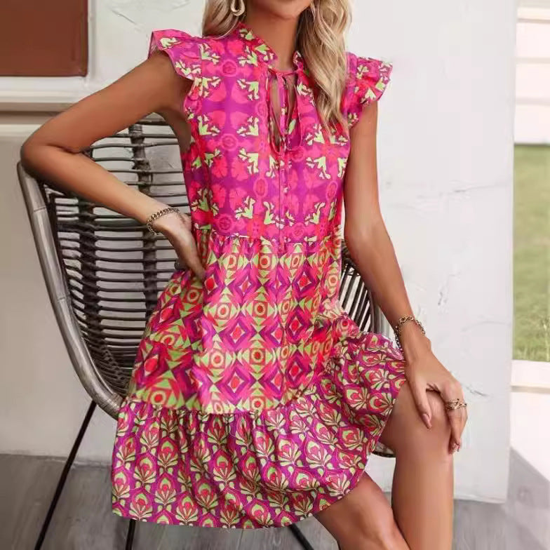 Printed Sleeveless Dress Summer Fashion V-Neck Lace-up Straight Dresses For Womens Clothing Limorista