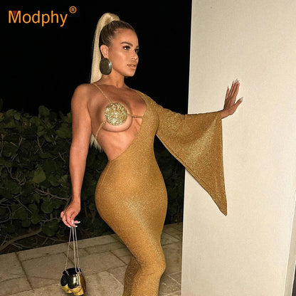 V-neck One-shoulder Flared Long Sleeve Bandage Dress Limorista