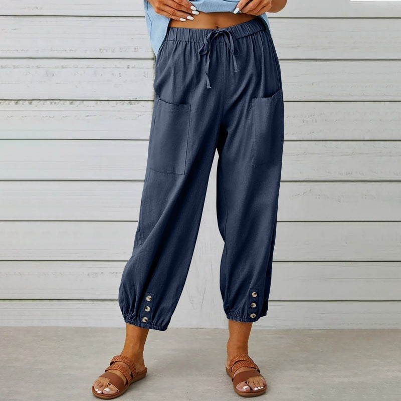 Loose High Waist Button Cotton And Linen Trousers Cropped Pants Wide Leg Women&
