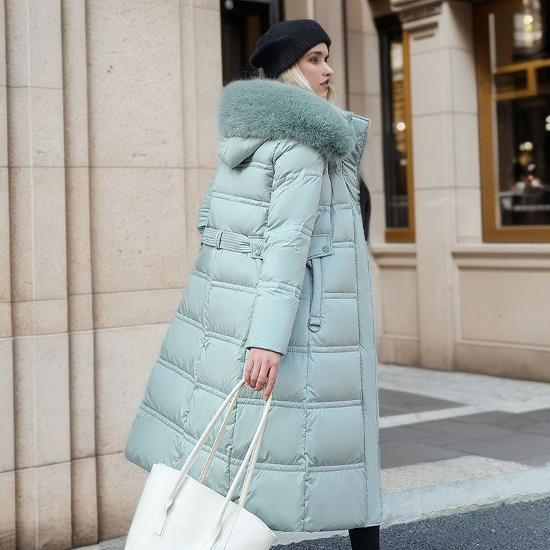 Winter Slim Long Jacket With Fur Hood And Belt Fashion Solid Hooded Coat Warm Clothing For Women Limorista