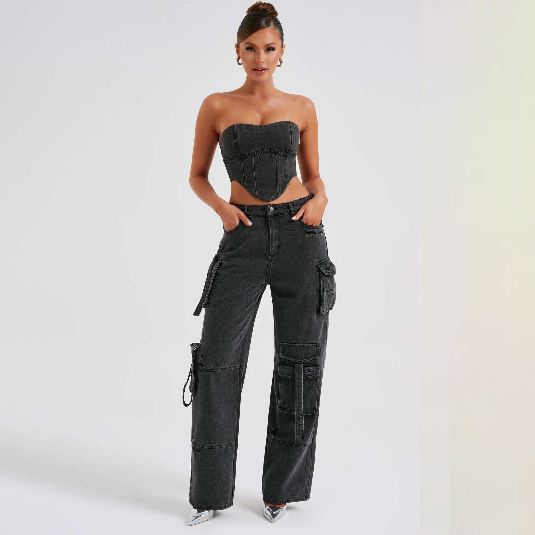2Pcs Denim Suits Summer Sexy Backless Tube Top And Multi-pocket Straight Trousers Fashion Long Pants Suit Womens Clothing Limorista