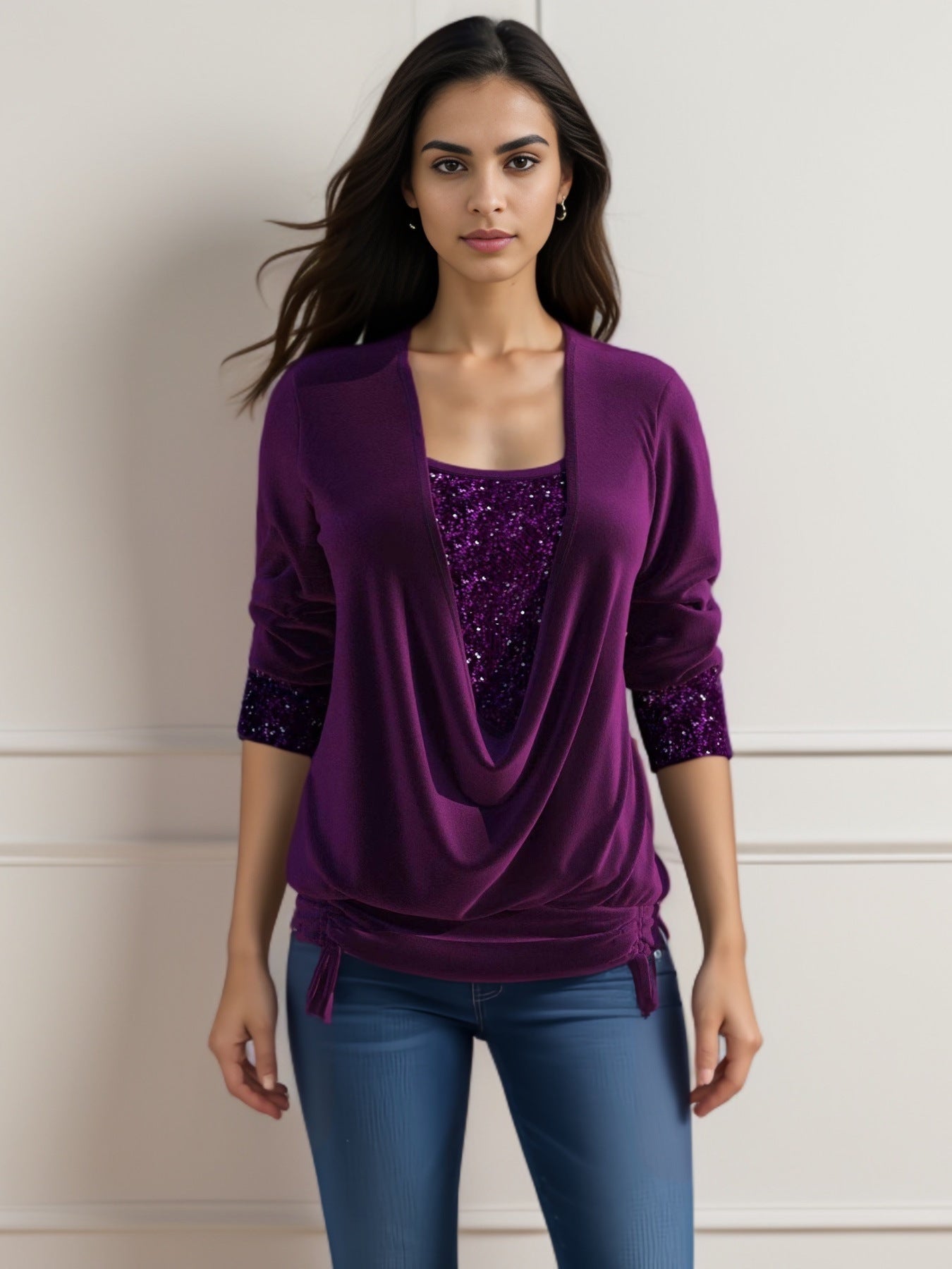 Sequin Contrast Solid Color Long Sleeve Women&
