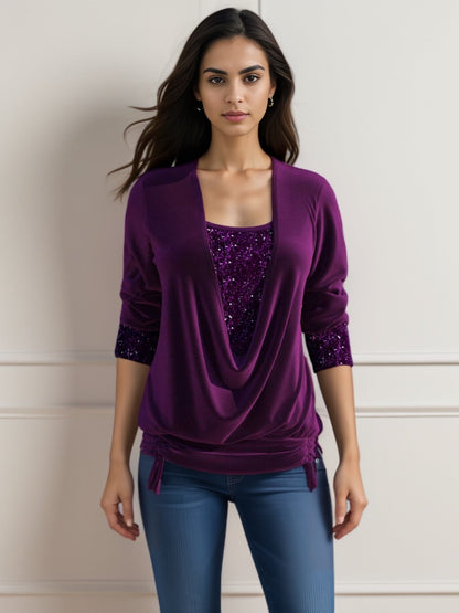 Sequin Contrast Solid Color Long Sleeve Women&