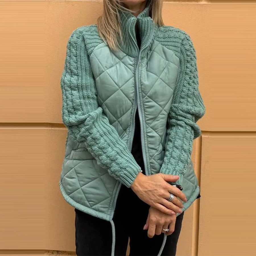 Stand Collar Cotton Jacket With Pockets Fashion Knitted Stitching Zipper Coat Winter Warm Tops For Women Limorista