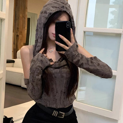 American Hot Girl Sleeveless Cold-shoulder Hooded Oversleeve T-shirt Limorista