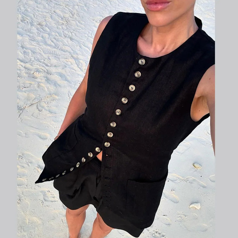 Elegant Round Neck Sleeveless Shirt Single Breasted Vest Jacket Limorista