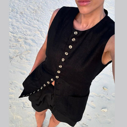 Elegant Round Neck Sleeveless Shirt Single Breasted Vest Jacket Limorista